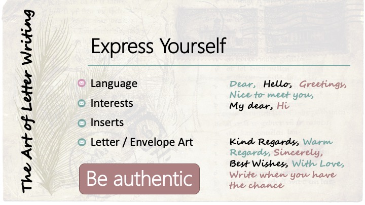 Express yourself: Language; Dear, Hello, Greetings, Nice to meet you, My dear, Hi; Kind regards, Warm regards, Sincerely, Best wishes, With love, Write when you have the chance.