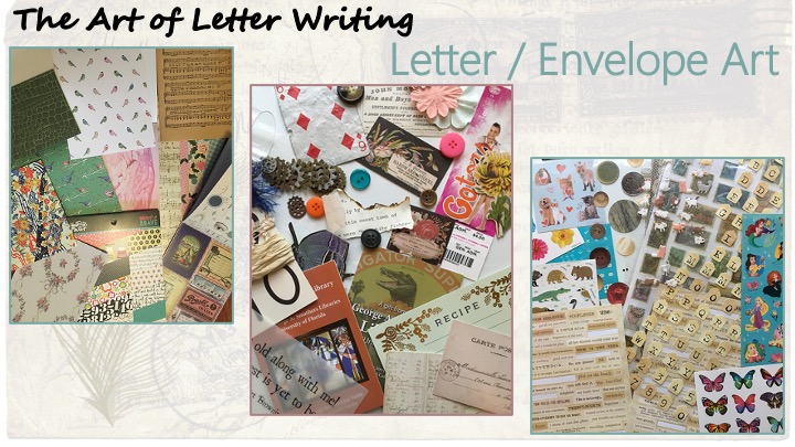 Letter / Envelope Art - Image of various decorative paper, Image of a variety of stickers, image of "do-dads," including buttons, cutouts, blank recipe card, worn playing card, among others.