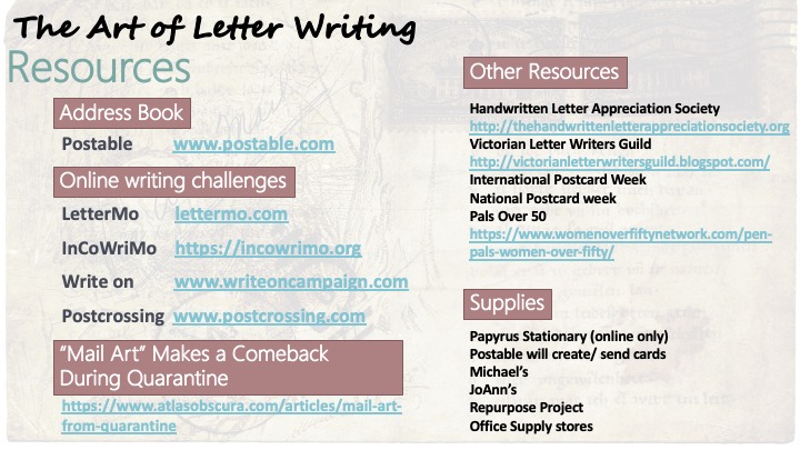 Resources: Address Book: Postable, www.postable.com; Online writing challenges: LetterMo, lettermo.com; InCoWriMo, https://incowrimo.org; Write on, www.writeoncampaign.com; Postcrossing, www.postcrossing.com; "Mail art" makes a comeback during quarantine: https://www.atlasobscura.com/articles/mail-art-from-quarantine; Other Resources: Handwritten Letter Appreciation Society, http://thehandwrittenletterappreciationsociety.org; Victorian Letter Writers Guild, http://victorianletterwritersguild.blogspot.com/; International Postcard Week; National Postcard week; Pals Over 50, https://www.womenoverfiftynetwork.com/pen-pals-women-over-fifty/ Supplies: Papyrus Stationary (online only) Postable will create/ send cards Michael’s JoAnn’s Repurpose Project Office Supply stores