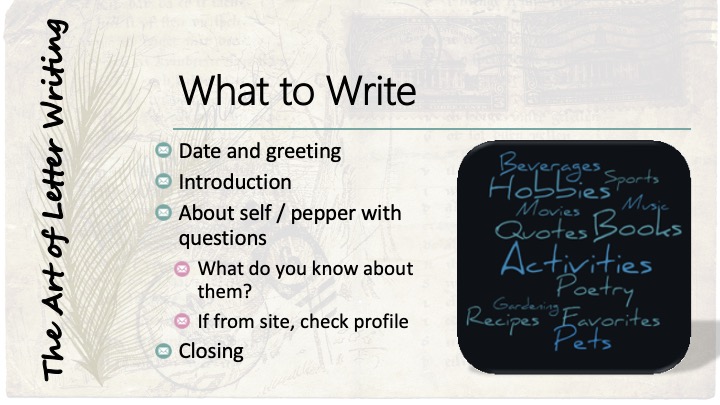 What to write: Date and greeting; introduction; about self/ pepper with questions, what do you know about them?, If from site, check profile; Closing - word cloud of different hobbies and interests.
