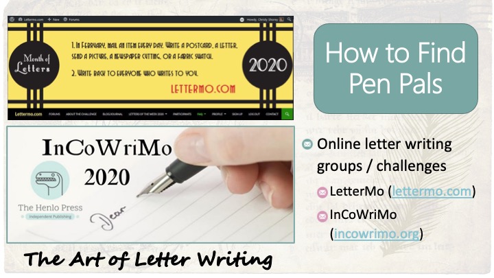 How to find pen pals: Online letter writing groups / challenges - LetterMo (www.lettermo.com), InCoWriMo (incowrimo.org). Images - banner from LetterMo.com and banner from InCoWriMo 2020 Facebook group page.